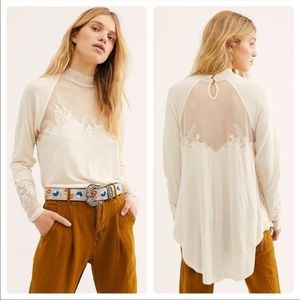 FREE PEOPLE Saheli Mesh Embroidered Top Ecru